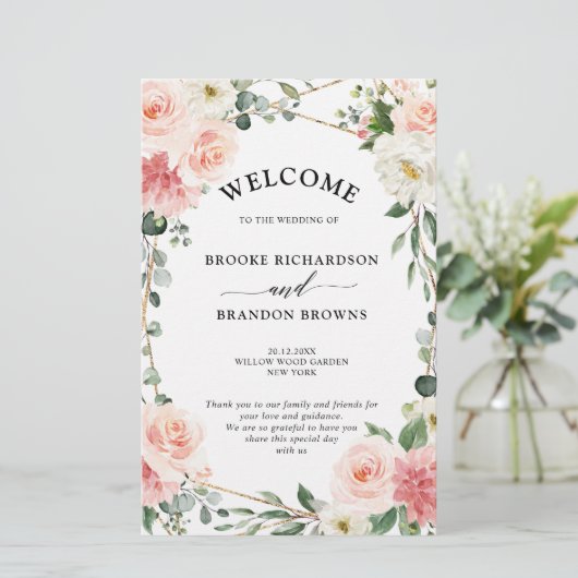 Blush Pink Floral Gold Geometric Wedric Program (Stehend Vorderseite)