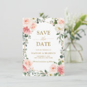 Blush Pink Floral Gold Geometrie Save the Date (Stehend Vorderseite)