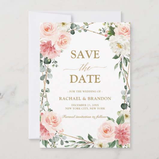 Blush Pink Floral Gold Geometrie Save the Date (Vorderseite)