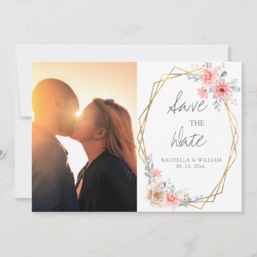 Blush Pink Floral Gold Geometrische botanische Hoc Save The Date (Vorderseite)