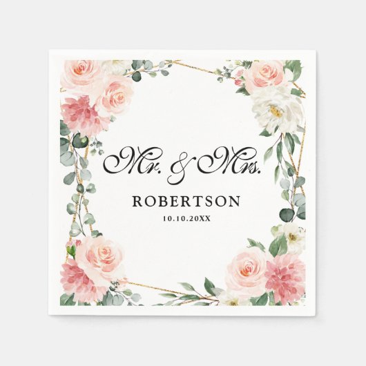 Blush Pink Floral Gold Geometrische botanische Hoc Serviette (Vorderseite)