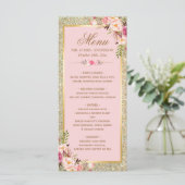 Blush Pink Floral Gold Glitzer Hochzeitsmenü Menükarte (Stehend Vorderseite)