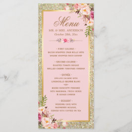 Blush Pink Floral Gold Glitzer Hochzeitsmenü Menükarte