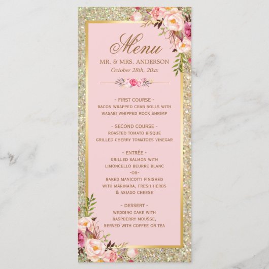 Blush Pink Floral Gold Glitzer Hochzeitsmenü Menükarte (Vorderseite)