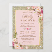Blush Pink Floral Gold Glitzern Babydusche Einladung (Vorderseite)
