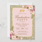 Blush Pink Floral Gold Glitzern Graduation Party Einladung (Vorderseite)