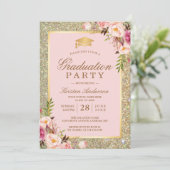 Blush Pink Floral Gold Glitzern Graduation Party Einladung (Stehend Vorderseite)