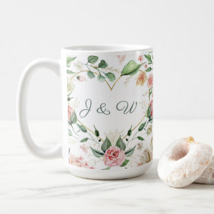 Blush Pink Floral Gold Heart Monogram Wedding Kaffeetasse