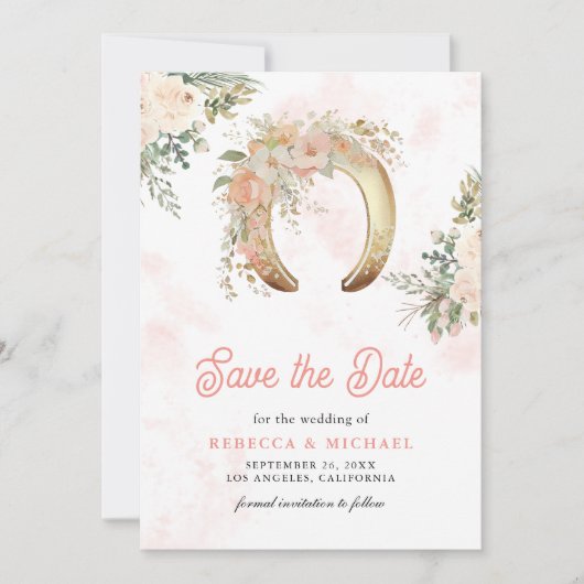 Blush Pink Floral Gold Horseshoe Hochzeit Save The Date (Vorderseite)