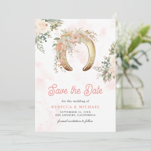 Blush Pink Floral Gold Horseshoe Hochzeit Save The Date (Stehend Vorderseite)
