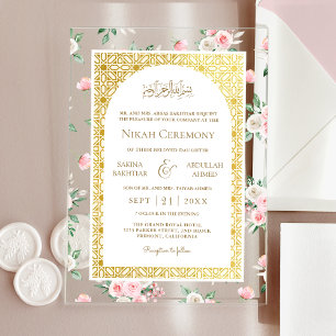 Blush Pink Floral Gold Muster muslimische Hochzeit Acryleinladungen