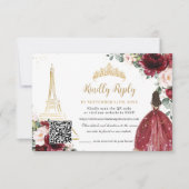 Blush Pink Floral Gold Paris Quinceañera QR Code RSVP Karte (Vorderseite)
