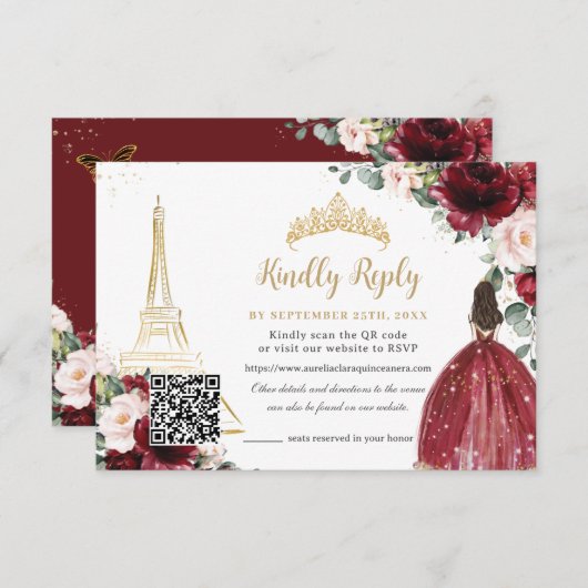 Blush Pink Floral Gold Paris Quinceañera QR Code RSVP Karte (Vorne/Hinten)
