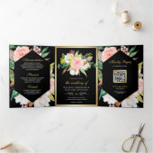 Blush Pink Floral Gold QR Code Black Wedding Dreifach Gefaltete Einladung (Innenseite)