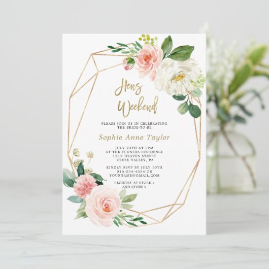 Blush Pink Floral Gold Rahmen Bachelorette Wochene Einladung (Stehend Vorderseite)