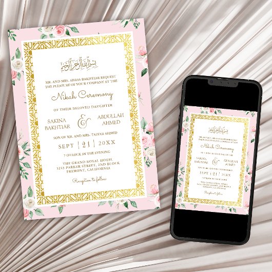 Blush Pink Floral Gold Rahmen muslimische Hochzeit Einladung