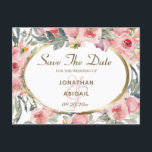 Blush Pink Floral Gold Rahmen Wedding Rettete die  Ankündigungspostkarte<br><div class="desc">Blumenfarbenhochzeit Save the Date Postcard besticht durch schöne,  weiche,  rosa Blume mit Grün und einen eleganten Rahmen aus Gold._</div>