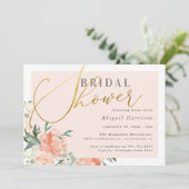 Blush Pink Floral Gold Script Brautparty Einladung (Stehend Vorderseite)