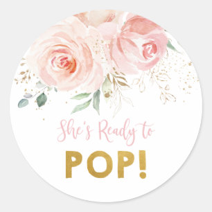 Blush Pink Floral Gold Sie ist bereit zum Pop Runder Aufkleber