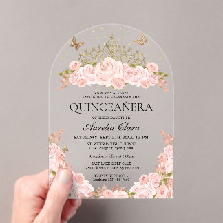 Blush Pink Floral Gold Tiara Quinceanera Arch Acryleinladungen
