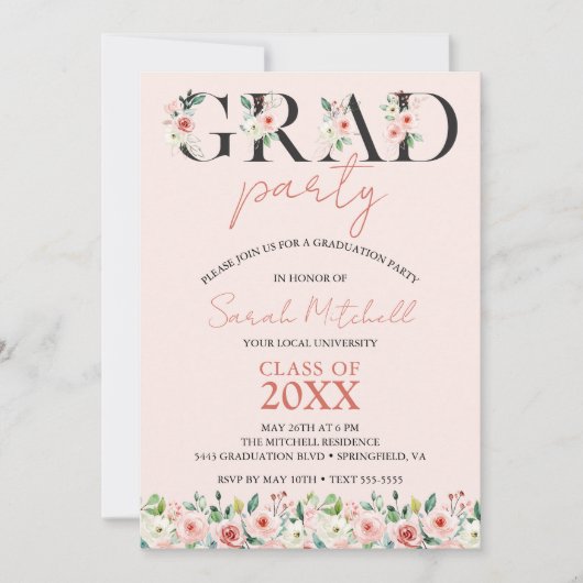 Blush Pink Floral Graduation Party Einladung (Vorderseite)