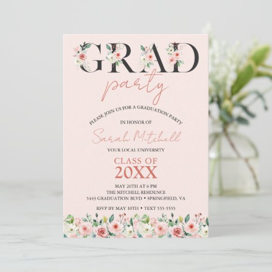 Blush Pink Floral Graduation Party Einladung (Stehend Vorderseite)