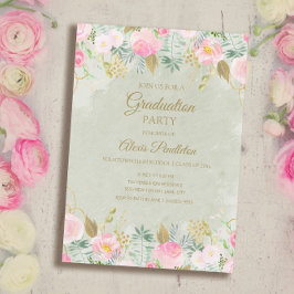 Blush Pink Floral Green Gold Graduation Party Einladung