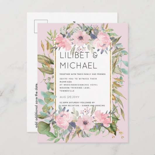 Blush Pink Floral Greenery Boho Wedding Postkarte (Vorne/Hinten)