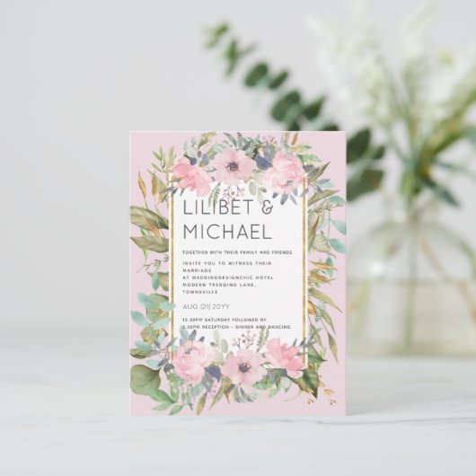Blush Pink Floral Greenery Boho Wedding Postkarte (Stehend Vorderseite)