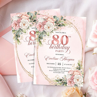 Blush Pink Floral Greenery Gold Glitter 80th Bday Einladung