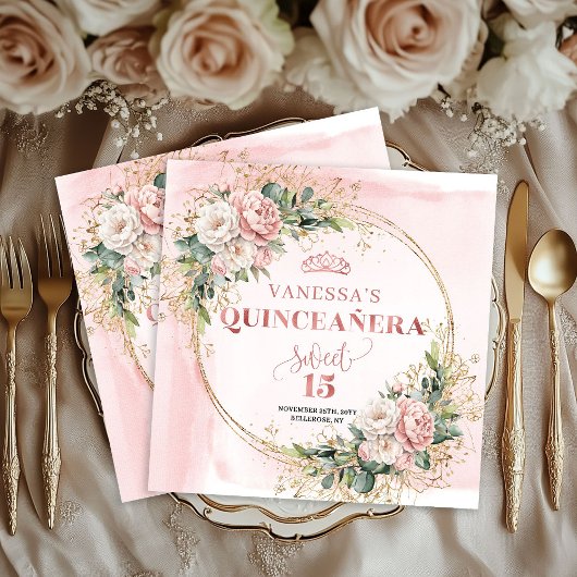 Blush Pink Floral Greenery Sweet 15 Napkins Serviette