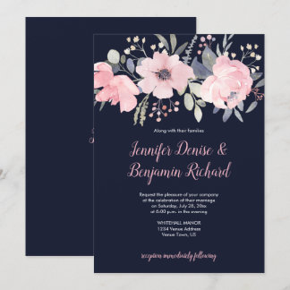 Blush Pink Floral Header auf Navy Hochzeit | Einladung
