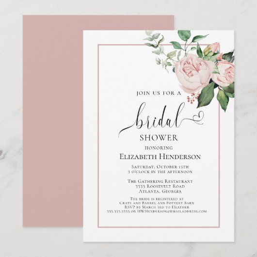 Blush Pink Floral Heft Script Brautparty Einladung (Vorne/Hinten)