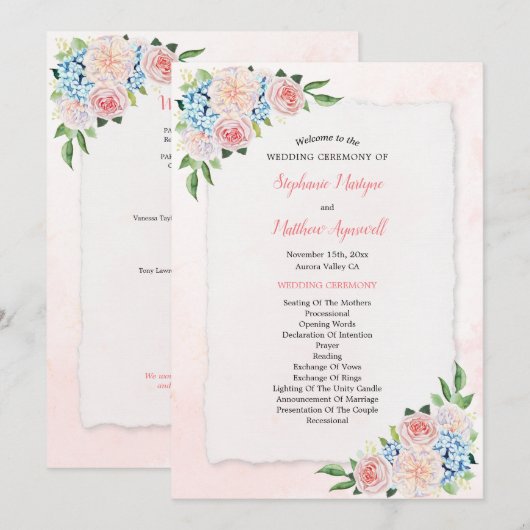 Blush Pink Floral Hydrangea Wasserfarbenhochzeit Programm (Vorne/Hinten)