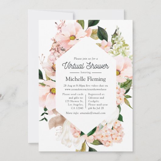 Blush Pink Floral Hydrangeas Virtual Dusche Einladung (Vorderseite)