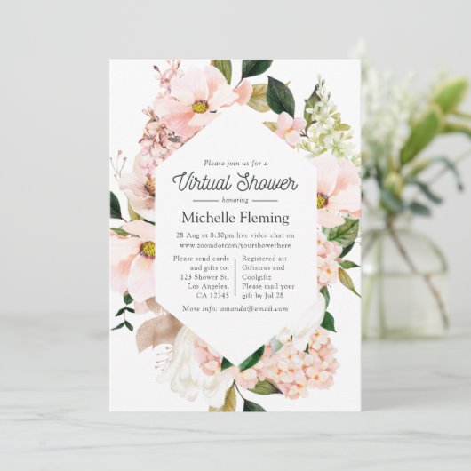Blush Pink Floral Hydrangeas Virtual Dusche Einladung (Stehend Vorderseite)