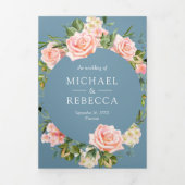 Blush Pink Floral Lace Dusty Blue QR Code Hochzeit Dreifach Gefaltete Einladung (Cover)