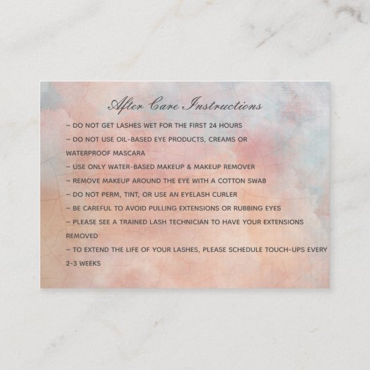 Blush Pink Floral Lash Aftercare Lash Salon Visitenkarte (Rückseite)