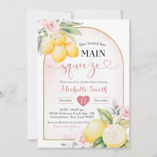 Blush Pink Floral Lemon Main Squeeze Brautparty Einladung (Vorderseite)