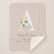 Blush Pink Floral Letter A Baby Script Birth Stats