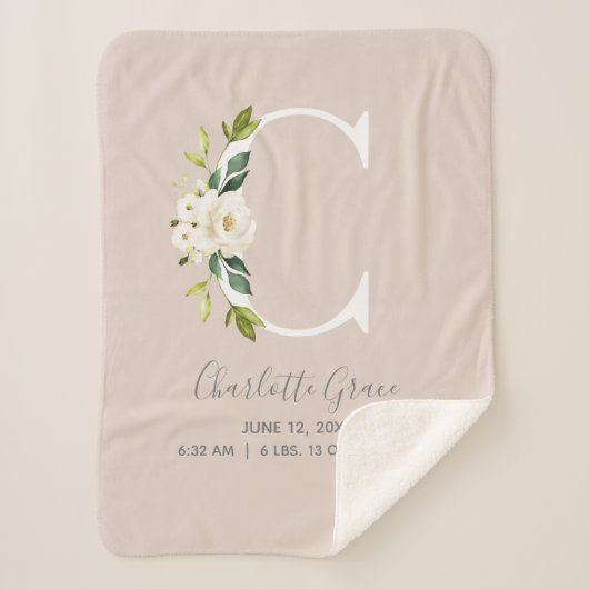Blush Pink Floral Letter C Baby Script Geburtsstun Sherpadecke (Vorderseite)