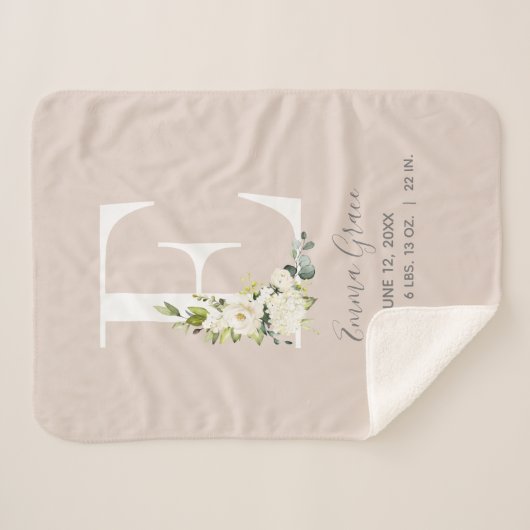 Blush Pink Floral Letter E Baby Script Geburtsstun Sherpadecke (Vorderseite (Horizontal))