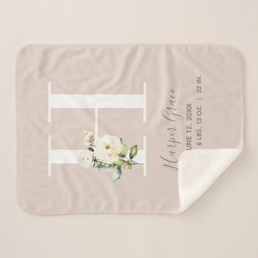Blush Pink Floral Letter H Baby Script Geburtsstun Sherpadecke (Vorderseite (Horizontal))