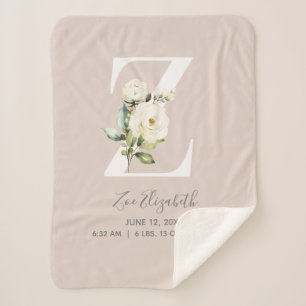 Blush Pink Floral Letter K Baby Script Geburtsstun Sherpadecke