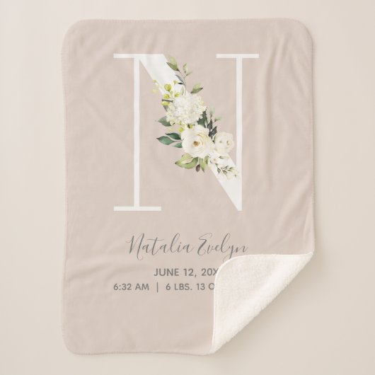 Blush Pink Floral Letter N Baby Script Geburtsstun Sherpadecke (Vorderseite)