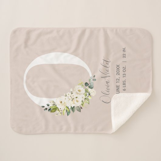 Blush Pink Floral Letter O Baby Script Geburtsstän Sherpadecke (Vorderseite (Horizontal))