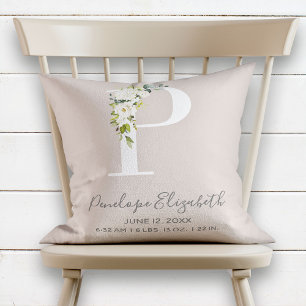 Blush Pink Floral Letter P Baby Script Geburtsstän Kissen