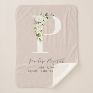 Blush Pink Floral Letter P Baby Script Geburtsstän Sherpadecke