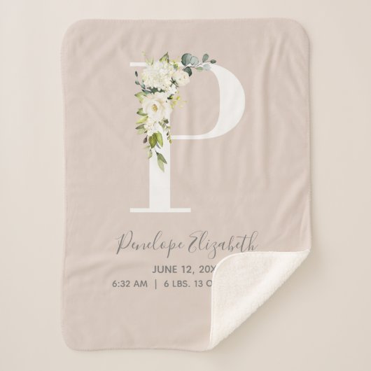 Blush Pink Floral Letter P Baby Script Geburtsstän Sherpadecke (Vorderseite)