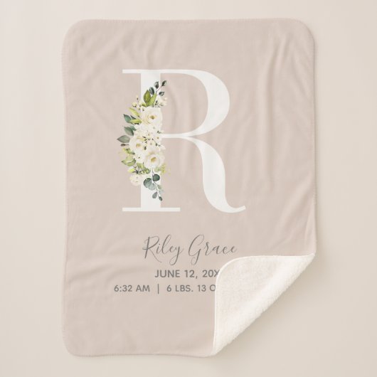 Blush Pink Floral Letter R Baby Script Geburtsstun Sherpadecke (Vorderseite)